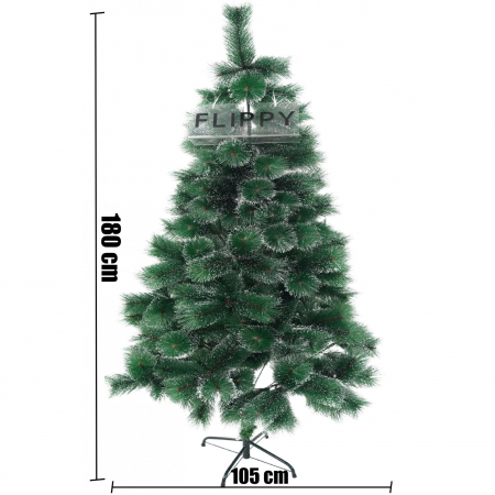 Brad artificial de Craciun tip pin inzapezit, inaltime 180 cm, diametru 105 cm, 260 ramuri cu ace 3D 12 cm, Flippy, verde cu varfuri ninse, suport metalic inclus [3]