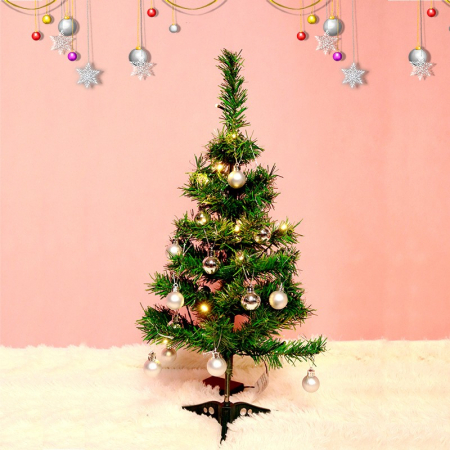 Decoratiuni, ornamente si articole Craciun - Brad Artificial Impodobit, 60 cm, suport plastic cu instalatie luminoasa 20 LED alb cald + 20 globuri argintii incluse, Flippy
