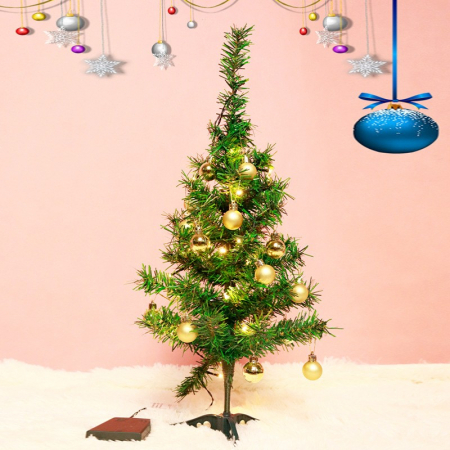 Decoratiuni, ornamente si articole Craciun - Brad Artificial Impodobit, 60 cm, suport plastic, cu instalatie luminoasa 20 LED alb cald + 20 globuri aurii incluse, Flippy