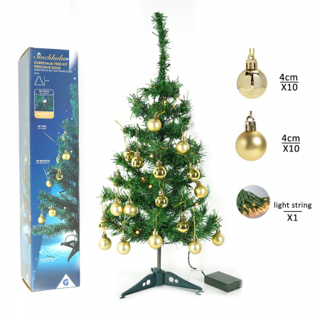 Brad Artificial Impodobit, 60 cm, suport plastic, cu instalatie luminoasa 20 LED alb cald + 20 globuri aurii incluse, Flippy [3]