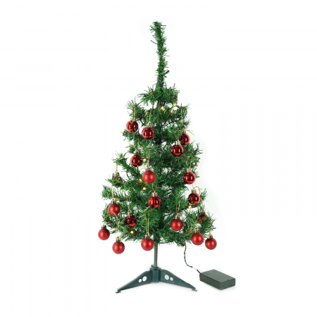 Brad Artificial Impodobit, 60 cm, suport plastic cu instalatie luminoasa 20 LED alb cald + 20 globuri rosii incluse, Flippy [3]