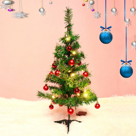 Brad Artificial Impodobit, 60 cm, suport plastic cu instalatie luminoasa 20 LED alb cald + 20 globuri rosii incluse, Flippy [0]