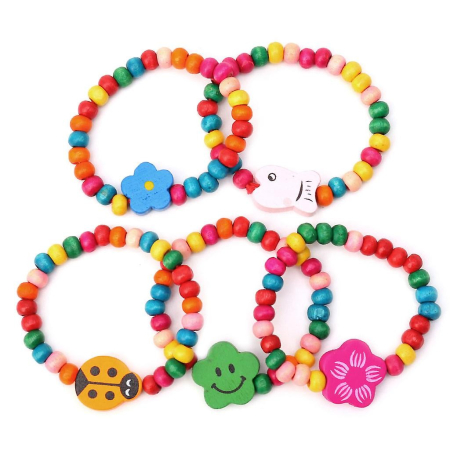 Sub 99 Lei - Bratara Curcubeu Elastica, Bile si Pandantive din Lemn Colorate, Modele pentru Copii