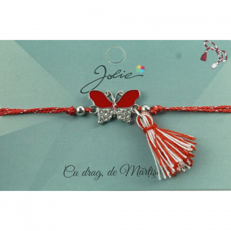 Sub 99 Lei - Bratara Jolie cu Ciucure Fluture Alb-Rosu