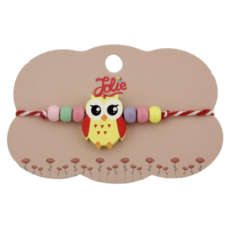 Martisor Bratara Copii - Bratara Martisor pentru Copii, Jolie, Pandativ Bufnita, cu Margele Multicolore, Snur Alb/Rosu, Galben