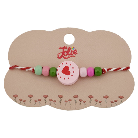 Martisor Bratara Copii - Bratara Martisor pentru Copii, Jolie, Pandativ Rotund Inima, cu Margele Multicolore, Snur Alb/Rosu, Roz deschis