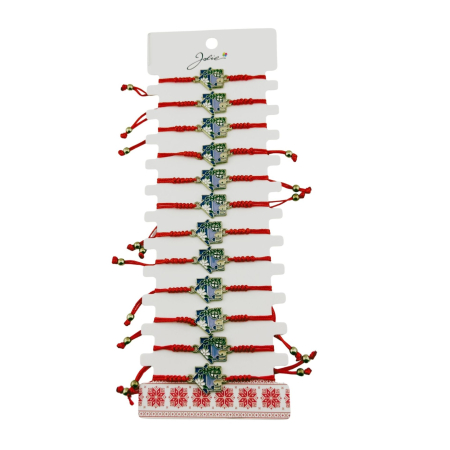 Sub 99 Lei - Bratara Martisor pentru Dama, Jolie, Model Casuta, Set 12 bucati, Pandativ Auriu din Inox cu Snur Rosu Ajustabil