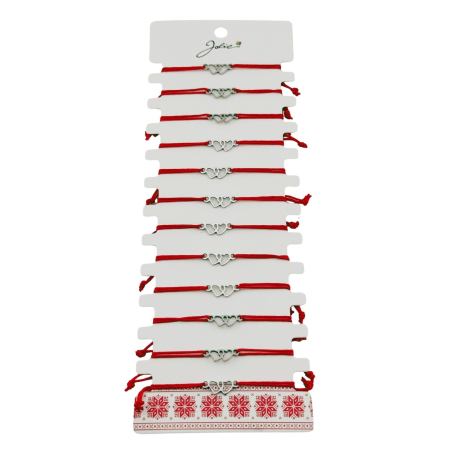 Sub 99 Lei - Bratara Martisor pentru Dama, Jolie, Model Doua Inimi, Set 12 bucati, Pandativ Argintiu din Inox cu Snur Rosu Ajustabil