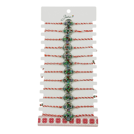 Sub 99 Lei - Bratara Martisor pentru Dama, Jolie, Model Floare, Set 12 bucati, Pandativ Argintiu din Inox cu Snur Alb-Rosu Ajustabil