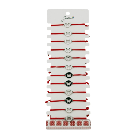 Sub 99 Lei - Bratara Martisor pentru Dama, Jolie, Model Fluture in Cerc, Set 12 bucati, Pandativ Argintiu din Inox cu Snur Rosu Ajustabil