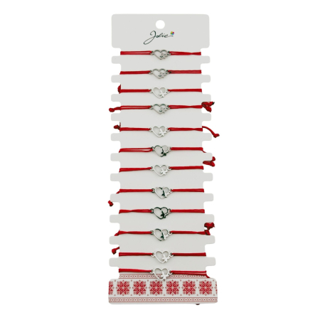 Sub 99 Lei - Bratara Martisor pentru Dama, Jolie, Model Inima cu Fluture, Set 12 bucati, Pandativ Argintiu din Inox cu Snur Rosu Ajustabil
