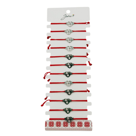 Sub 99 Lei - Bratara Martisor pentru Dama, Jolie, Model Inima Love, Set 12 bucati, Pandativ Argintiu din Inox cu Snur Rosu Ajustabil
