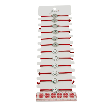 Sub 99 Lei - Bratara Martisor pentru Dama, Jolie, Model Luna in Cerc, Set 12 bucati, Pandativ Argintiu din Inox cu Snur Rosu Ajustabil