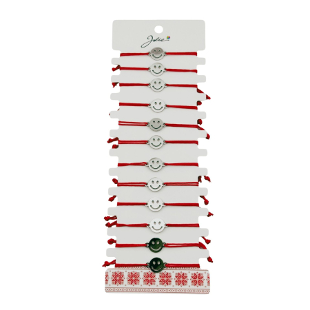 Sub 99 Lei - Bratara Martisor pentru Dama, Jolie, Model Smile, Set 12 bucati, Pandativ Argintiu din Inox cu Snur Rosu Ajustabil