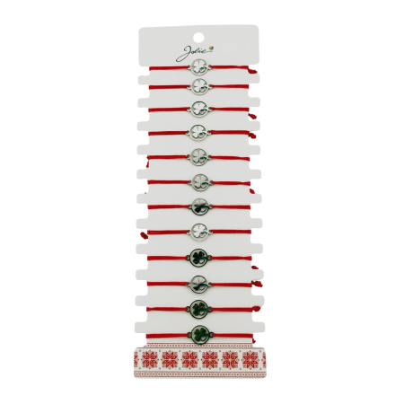 Sub 99 Lei - Bratara Martisor pentru Dama, Jolie, Model Trifoi cu Inima, Set 12 bucati, Pandativ Argintiu din Inox cu Snur Rosu Ajustabil