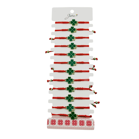 Sub 99 Lei - Bratara Martisor pentru Dama, Jolie, Model Trifoi, Set 12 bucati, Pandativ Auriu din Inox cu Snur Rosu Ajustabil