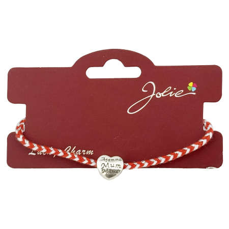 Cadouri și petreceri - Bratara Martisor Reglabila, Jolie, Model Inima cu inscriptie: Mamma / Mum / Mama, snur Impletit, 9 x 4 cm, Alb Rosu