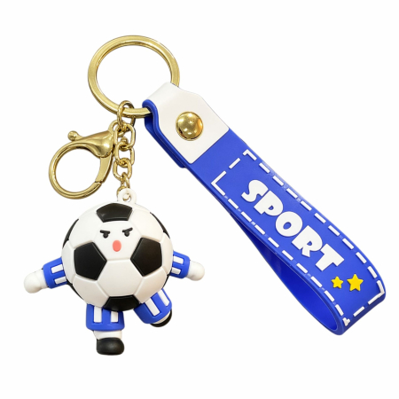 Jucarii, Copii & Bebe - Breloc Chei, Flippy, Model Minge de Fotbal cu Casti, Cupa Mondiala, Accesoriu Pentru Chei si Rucsac, Material Acril, 50 g, Albastru