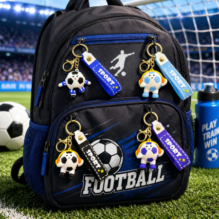 Breloc Chei, Flippy, Model Minge de Fotbal cu Casti, Cupa Mondiala, Accesoriu Pentru Chei si Rucsac, Material Acril, 50 g, Albastru Deschis [3]