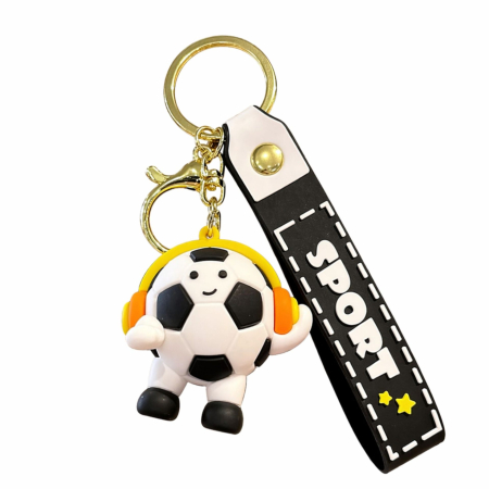 Jucarii, Copii & Bebe - Breloc Chei, Flippy, Model Minge de Fotbal cu Casti, Cupa Mondiala, Accesoriu Pentru Chei si Rucsac, Material Acril, 50 g, Negru