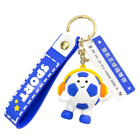 Jucarii, Copii & Bebe - Breloc Chei, Flippy, Model Minge de Fotbal cu Casti, Mesaj Te aștept pe terenul de fotbal, Cupa Mondiala, Accesoriu Pentru Chei si Rucsac, Material Acril, 50 g, Albastru Inchis