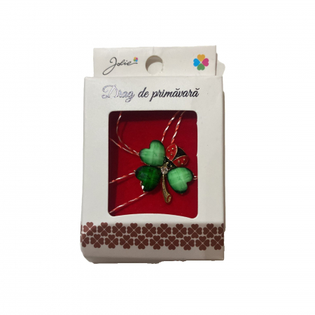 Martisoare Brosa Primavara - Brosa Mica in Cutie Jolie Trifoi cu Buburuza, 3x4 cm