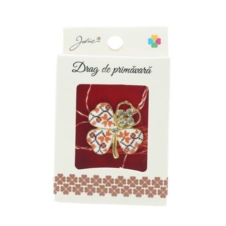 Martisoare Brosa Primavara - Brosa Mica in Cutie Trifoi cu Pietre Traditional