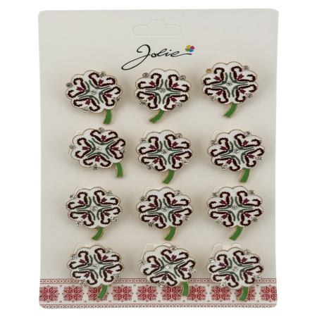 Sub 99 Lei - Brose Martisor, Jolie, Set 12 Bucati, Model Trifoi Traditional, Metal, 3 cm, Alb
