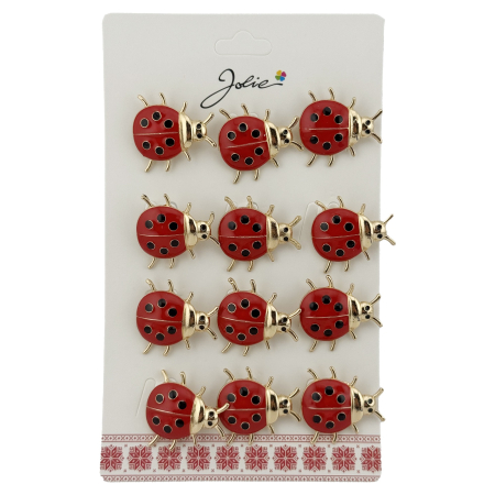 Martisoare Traditionale - Brose Martisor Primavara, Jolie, Set 12 Bucati, Model Buburuza Mare, Brosa din Metal, 3 x 2 cm per Bucata, Rosu