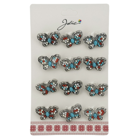 Sub 99 Lei - Brose Martisor Primavara, Jolie, Set 12 Bucati, Model Fluture cu Pietre, Brosa din Metal, 3 x 2 cm per Bucata, Argintiu