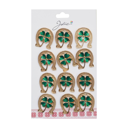 Sub 99 Lei - Brose Martisor Primavara, Jolie, Set 12 Bucati, Model Potcoava cu Trifoi, Brosa din Metal, 3 x 2 cm per Bucata, Auriu/Verde