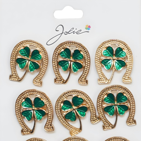 Brose Martisor Primavara, Jolie, Set 12 Bucati, Model Potcoava cu Trifoi, Brosa din Metal, 3 x 2 cm per Bucata, Auriu/Verde [1]