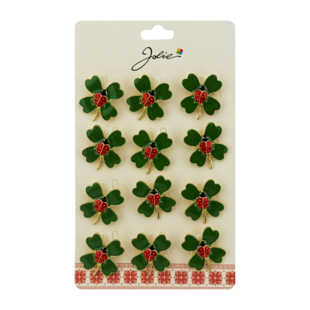 Sub 99 Lei - Brose Martisor Primavara, Jolie, Set 12 Bucati, Model Trifoi cu Buburuza, Brosa din Metal, 2.5 x 2.5 cm per Bucata, Verde