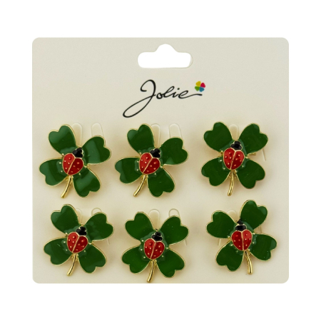 Brose Martisor Primavara, Jolie, Set 12 Bucati, Model Trifoi cu Buburuza, Brosa din Metal, 2.5 x 2.5 cm per Bucata, Verde [2]