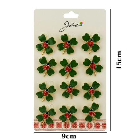 Brose Martisor Primavara, Jolie, Set 12 Bucati, Model Trifoi cu Buburuza, Brosa din Metal, 2.5 x 2.5 cm per Bucata, Verde [1]