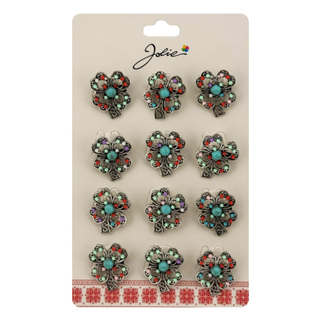 Sub 99 Lei - Brose Martisor Primavara, Jolie, Set 12 Bucati, Model Trifoi cu Pietre Decorative, Brosa din Metal, Dimensiune 3 x 2 cm per Bucata, Argintiu/Albastru deschis