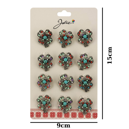 Brose Martisor Primavara, Jolie, Set 12 Bucati, Model Trifoi cu Pietre Decorative, Brosa din Metal, Dimensiune 3 x 2 cm per Bucata, Argintiu/Albastru deschis [1]
