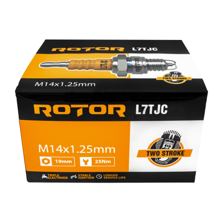 Bujie de aprindere pentru motoare in doi timpi ROTOR L7TJC, 3 electrozi, filet M14 × 1,25 mm, bax 10 bucati [1]
