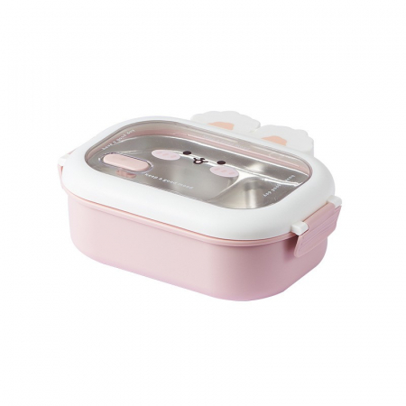 Pentru Casa si Camping - Cutie pentru Pranz sau Gustari, Flippy, cu Doua Compartimente, Model Iepuras, pentru Copii si Adulti, Etansare, PP, Perfect pentru Scoala si Birou, 1000 mL, 22x17.8x8 cm, Roz
