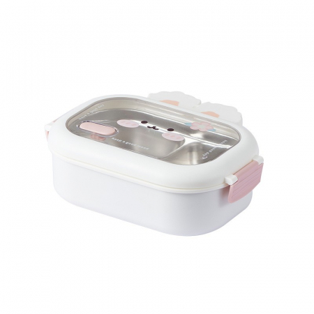 Pentru Casa si Camping - Cutie pentru Pranz sau Gustari, Flippy, cu Doua Compartimente, Model Iepuras, pentru Copii si Adulti, Etansare, PP, Perfect pentru Scoala si Birou, 1000 mL, 22x17.8x8 cm, Alb