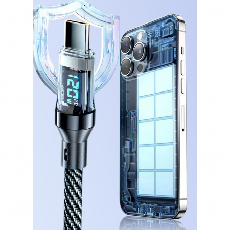 Cablu de Date Type C + USB, Flippy, Încarcare Super Rapida, 120 W, Afișaj Digital LED, 1 m, Negru [5]