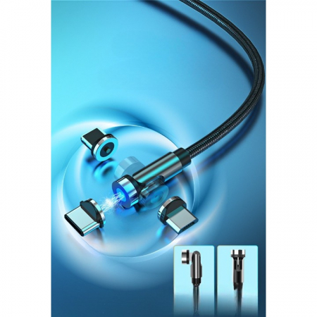 Cablu de incarcare magnetic 3 in 1 360 grade + 180 grade, 1 m, micro, type C, iPhone, 5 V, 2.1 A, Negru [1]