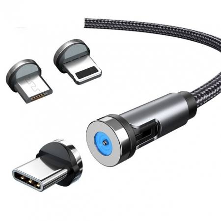 GSM - Cablu de incarcare magnetic 3 in 1 360 grade + 180 grade, 2 m, micro, type C, iPhone, 5 V, 2.1 A, Negru