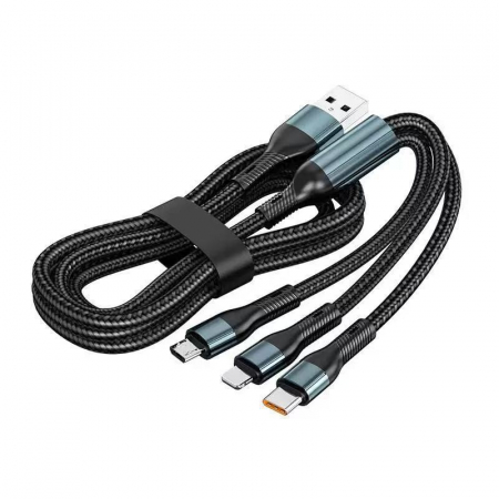 Sub 99 Lei - Cablu Multifunctional de Incarcare pentru Telefon 3in 1, Flippy, Cablu de incarcare rapida 66W, potrivit pentru Auto, Universal pentru Android si iOS, 1.2M, Negru