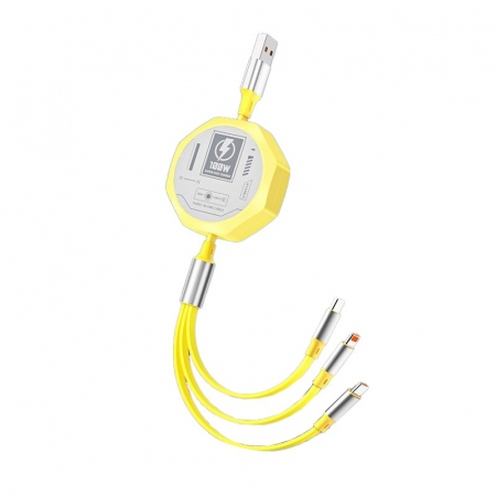 Cablu Retractabil 3in 1 pentru Telefon, Flippy, Cablu de incarcare rapida 100W, stil Mecha, potrivit pentru Auto, Universal 1.2M, Galben [0]