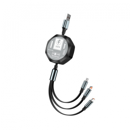Sub 99 Lei - Cablu Retractabil 3in 1 pentru Telefon, Flippy, Cablu de incarcare rapida 100W, stil Mecha, potrivit pentru Auto, Universal 1.2M, Negru