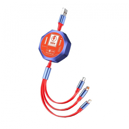 Sub 99 Lei - Cablu Retractabil 3in 1 pentru Telefon, Flippy, Cablu de incarcare rapida 100W, stil Mecha, potrivit pentru Auto, Universal 1.2M, Rosu Albastru