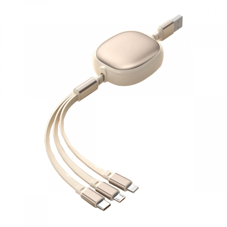 GSM - Cablu Retractabil Universal pentru Telefon, Flippy, Universal 3in1 pentru Orice Tip de Telefon, Micro-USB, Lightning, TYPE-C, 1.2M, Bej