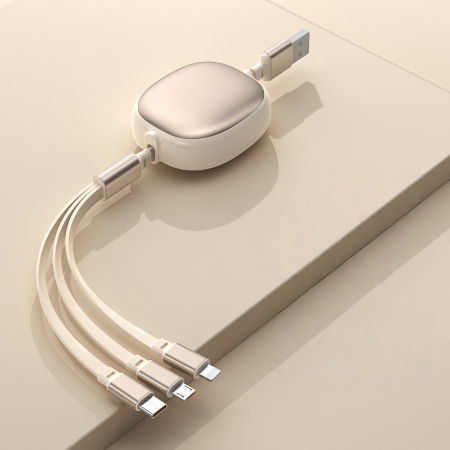 Cablu Retractabil Universal pentru Telefon, Flippy, Universal 3in1 pentru Orice Tip de Telefon, Micro-USB, Lightning, TYPE-C, 1.2M, Bej [1]