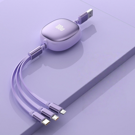 Cablu Retractabil Universal pentru Telefon, Flippy, Universal 3in1 pentru Orice Tip de Telefon, Micro-USB, Lightning, TYPE-C, 1.2M, Mov [1]